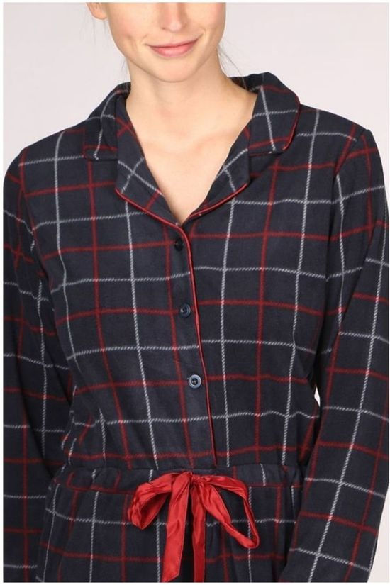 Eskimo Pyjama Tartan Dames Onesie - Coral Fleece Navy Blue/Mid Red