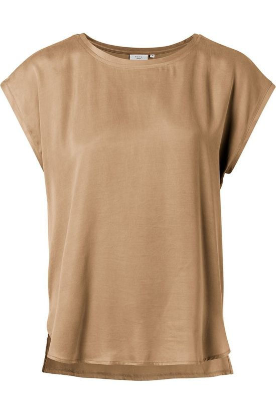 Yaya T-Shirt Fabric Mix With Rounded Hems Camel Brown