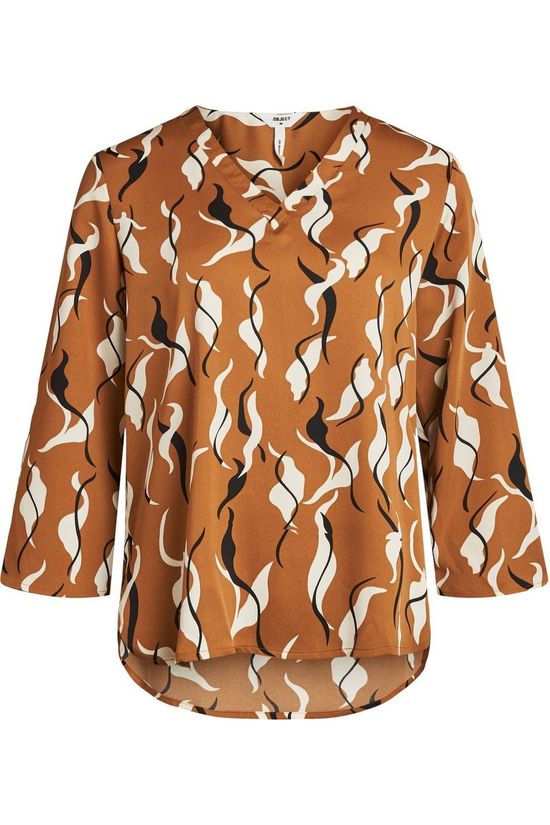 Object Blouse helena 3/4 Camel Brown/Off White
