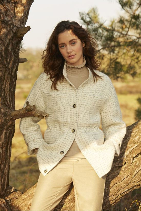 Yaya Blazer Oversized Wool Blend Tweed Jacket Sand Brown