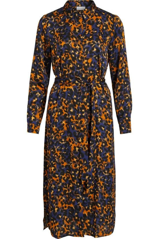 Vila Jurk jolie Lenona L/S/L Royal Blue/Camel Brown