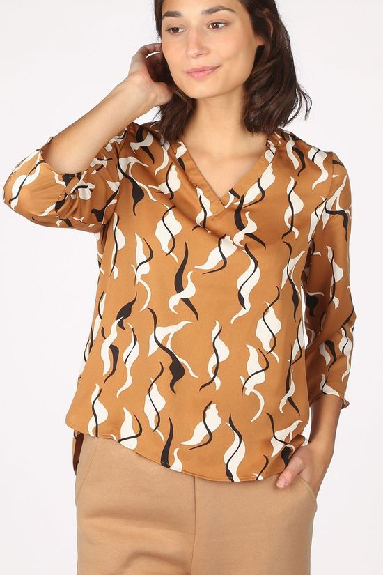 Object Blouse helena 3/4 Camel Brown/Off White