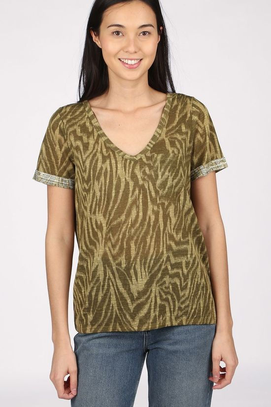 Object T-Shirt Tessi Slub Ss V Neck Aop Mid Khaki/Ecru