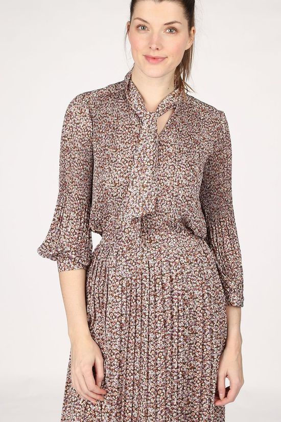 Selected Blouse Slflisa-Poppy 7/8 Plisse Mid Brown/Ass. Flower